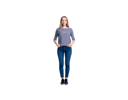 Smiling Woman in Striped Shirt and Jeans Standing with Hands in Pockets. png