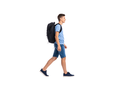 Teenager Walking with Backpack Blue Shirt and Denim Shorts. png