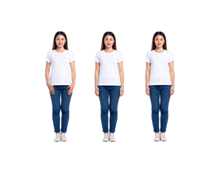 Three Asian women in white tshirts and blue jeans standing straight. png