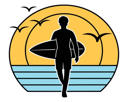 Silhouette of a surfer walking with surfboard towards ocean with birds and sunny sunset vector