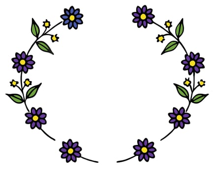 Hand drawn floral wreath featuring purple and blue daisies with green leaves on a white background. vector