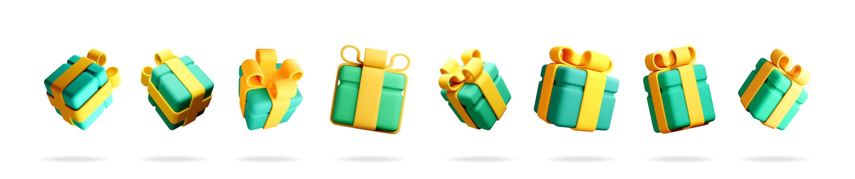 Many green and yellow gift box with ribbon and bow. Beautiful 3d rendering for celebration, birthday, anniversary, holiday concept. vector