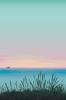 Ocean sunset with ship and grass vector