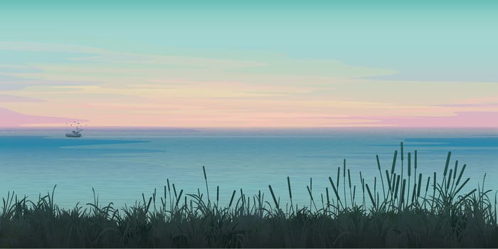Coastal sunset with a fishing boat vector