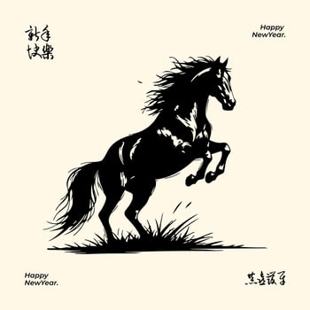 Black horse silhouette rearing on grass light background accompanied by 'Happy New Year' text and calligraphy vector