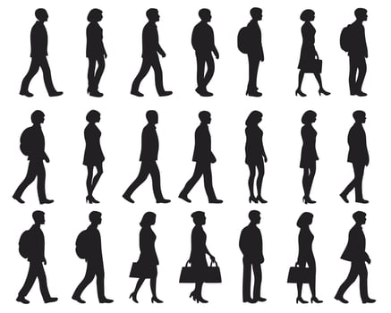 Silhouetted people walking in various styles showing diverse figures and carrying accessories. vector