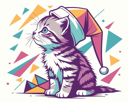 Adorable kitten wearing a festive jester hat surrounded by colorful geometric shapes vector