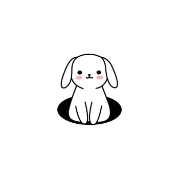 An icon of a cute white cartoon rabbit peeking out of a dark hole, symbolizing curiosity, emergence, and a playful hide-and-seek. vector