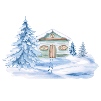 Cozy green house under snow with Christmas trees and footprints in the snow. Isolated watercolor illustration for invitations, tickets, photo frames, posters, calendars, printing on textiles. png
