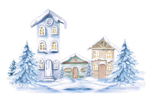 Cozy village under snow with Christmas trees. Isolated watercolor illustration for invitations, tickets, photo frames, posters, calendars, printing on textiles and clothes. png