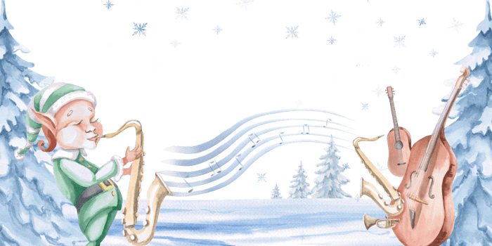 Rectangular frame with elf saxophonist against winter forest background. Isolated watercolor illustration on Christmas theme for postcard design, interior design, printing on clothes and textiles. png