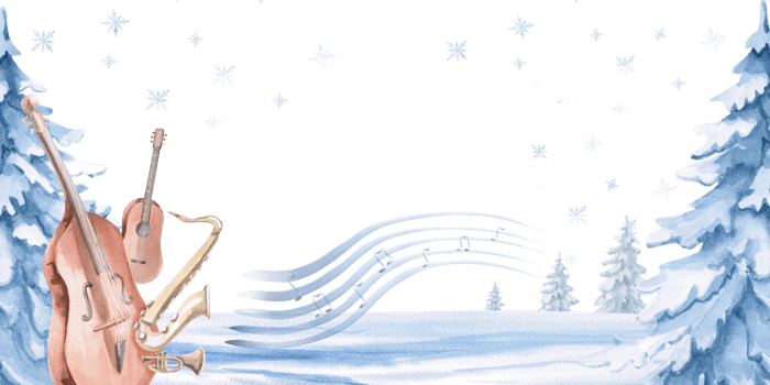 Rectangular frame with musical instruments and a staff. Isolated watercolor illustration on the theme of Christmas for postcard design, interior design, printing on clothes and textiles. png