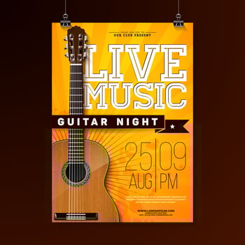 Jazz Festival Event Flyer Design with Acoustic Guitar and Typography Lettering on Yellow Background. Musical Season Holiday Poster Illustration Template for Web Banner, Celebration Flyer vector