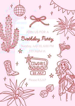 Cowgirl party invitation template with sample text. Hand drawn elements Disco ball, rope bow, cactus, agave, girl, cowboy boots, dice, citrus cocktail, garland, stars. Cowboy wild western concept vector
