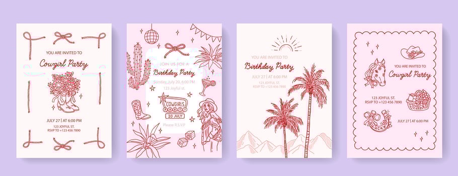 Creative set of 4 vertical cards with sample text and hand drawn design elements. Trendy templates for party, wedding, bachelorette, celebration, ads, banner, cover. Cowboy wild western concept vector