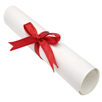 A white diploma scroll is tied with a red ribbon isolated on white png