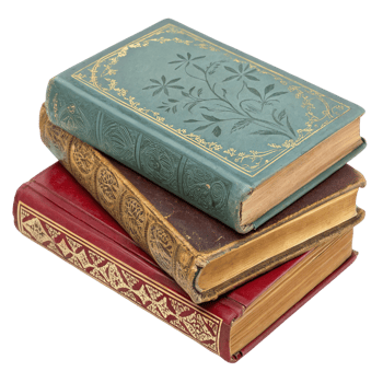 A stack of three antique books isolated on transparent background png
