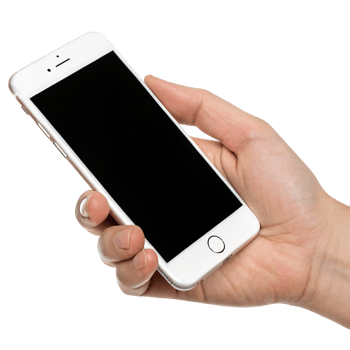A hand is holding a white smartphone with a blank screen png