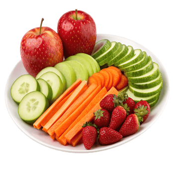 A plate of fresh fruit and vegetables isolated on transparent background png
