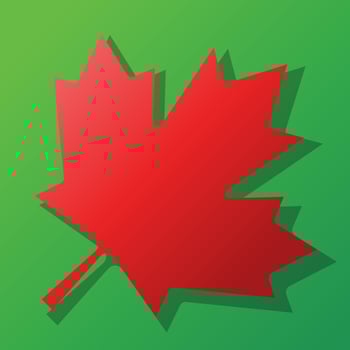 Clean and modern illustration of a red maple leaf against green background, presented with a subtle gradient and a distinct drop shadow for a simple 3D effect. vector