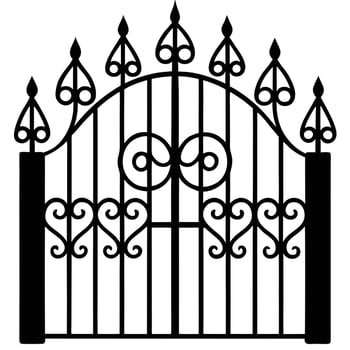 Ornate black wrought iron gate with decorative scrollwork and finials black silhouette ornate design vector