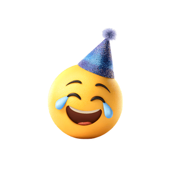 A hilarious emoji wearing a shiny party hat, tears streaming down its face against a stark transparent background creates a celebratory mood. png