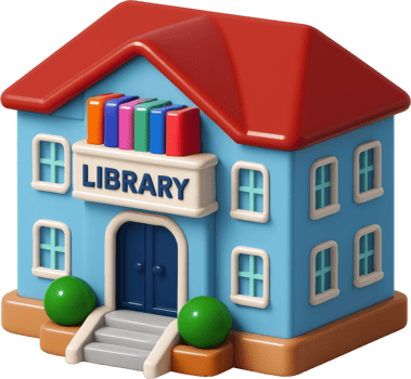 Stylized 3D library building with colorful books and red roof png