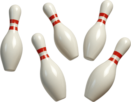 Five white bowling pins with red stripes for sport and game play png