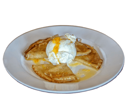 Crepes with orange sauce and vanilla ice cream png