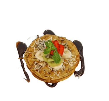 Pancake with fresh banana and strawberry on top of it png