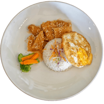 Plate of rice with breaded chicken, fried egg and vegetable png