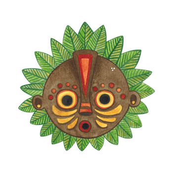 African brown round mask with green leaves and bright color pattern. Watercolor hand drawn illustration, cartoon. Drawing for print, stickers, cards, poster. Africa, mask, bright, holiday, red, orange png