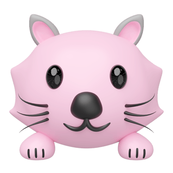 Cute 3D pink cat or animal character peeking. Features include big black eyes, a small nose, whiskers, and paws. Adorable stylized render for kids' content. png