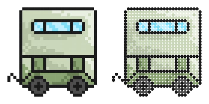 Pixel icon. Trailer for transporting building materials and animals. Working on farm, transporting goods by car. Simple retro game isolated on white background vector
