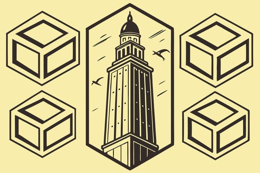 Majestic Lighthouse Illustration with Geometric Cubes, Coastal Scene, Vintage Style, Nautical Theme, Retro Design, Serene Atmosphere, Graphic Art, Stylish Image vector