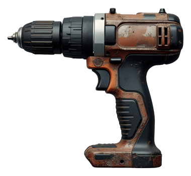 Rusty cordless drill with worn metal and plastic parts showing heavy use png