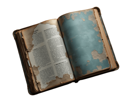 Old book with worn and torn pages showing aged text and faded blue cover png