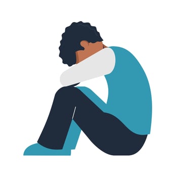 sad and insecure african man flat design illustration. sit on the floor and hugging her knees. mental pressure concept vector