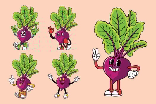 Set of funny beetroot vegetable retro comic cartoon characters vector
