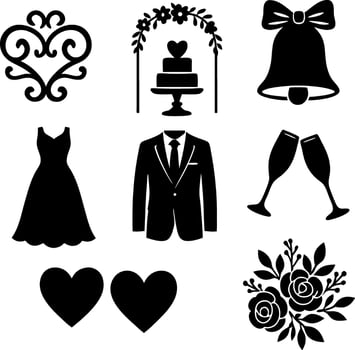 Set of black wedding silhouette icons including dress, tuxedo, hearts, flowers, cake, champagne glasses, bell, and decorative elements vector