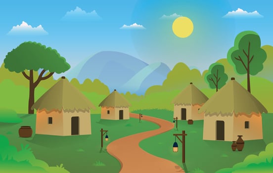 village landscape with huts and trees vector