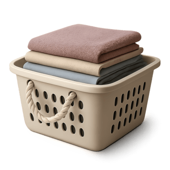 Realistic Laundry Basket with Soft Towels on Top in Neutral Color png