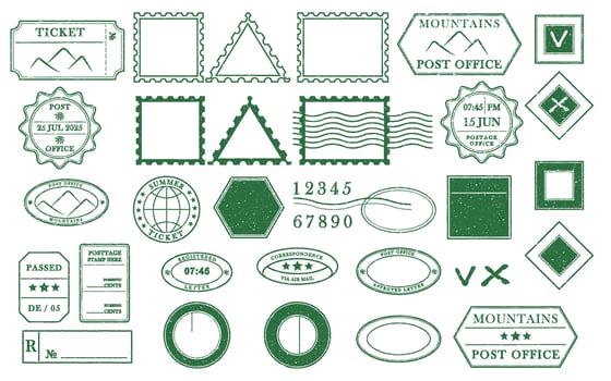 Blank green postage rubber stamp. Mockup office stamp. Clean post postmark template. Vintage style sticker collection, travel destination mail, tourism, mountain, summer, sun theme illustration vector