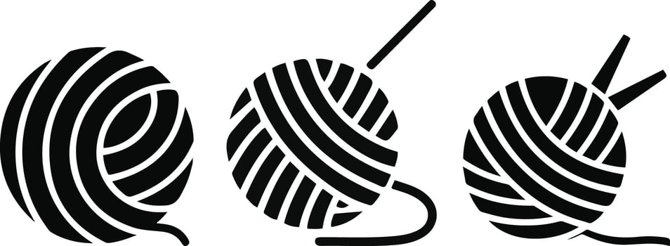Yarn Ball Icons Set Knitting Wool with Needles Silhouette. vector