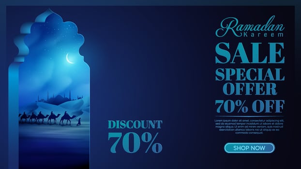 Islamic Themed Ramadan Sale Arabic landscape illustration with arabian and camel on desert vector