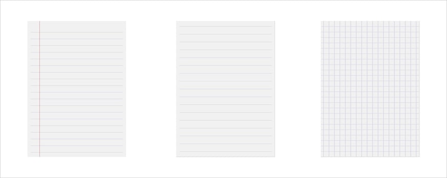 Set of Lined and Graph Paper Sheets . Notebook Templates for Writing, Drawing, and Planning on White Background vector