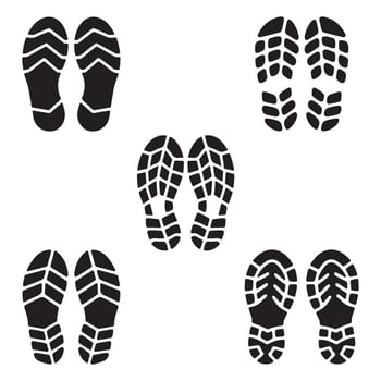 Shoe Print Icon Set. Footprint Silhouettes and Boot on a white background vector