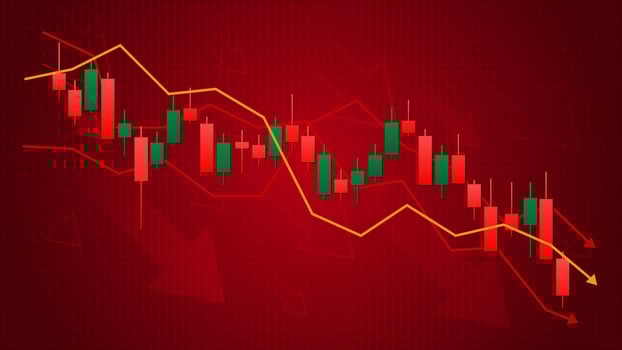 Red loss bear Forex market candle stick chart with falling arrow path indicators in chart background template vector