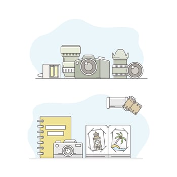 Photographic equipment set. Professional cameras and photo prints illustration vector