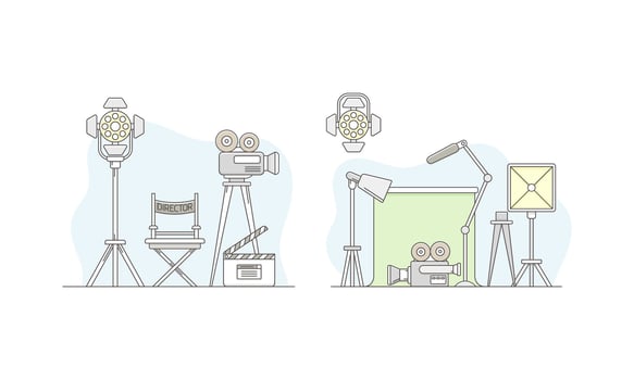 Cinema movie objects set. Director chair, movie camera with film reels, searchlight and clapperboard illustration vector